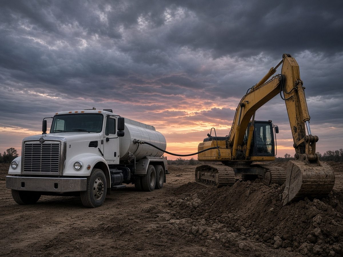 An American tank wagon fueling an excavator on a dirt jobsite.