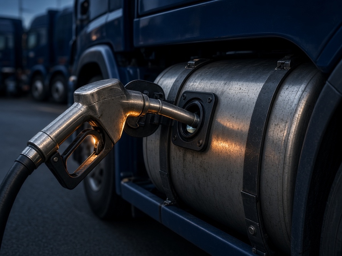 A fuel nozzle filling a truck saddle tank.